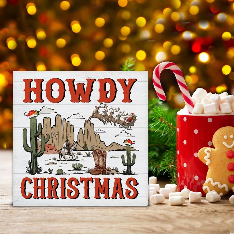 Zauly Western Christmas Decorations, Cowboy Decor Sign, Howdy Christmas Wood Sign Rustic Home Table Desk Decor (5 x 5 Inches) - Image 4